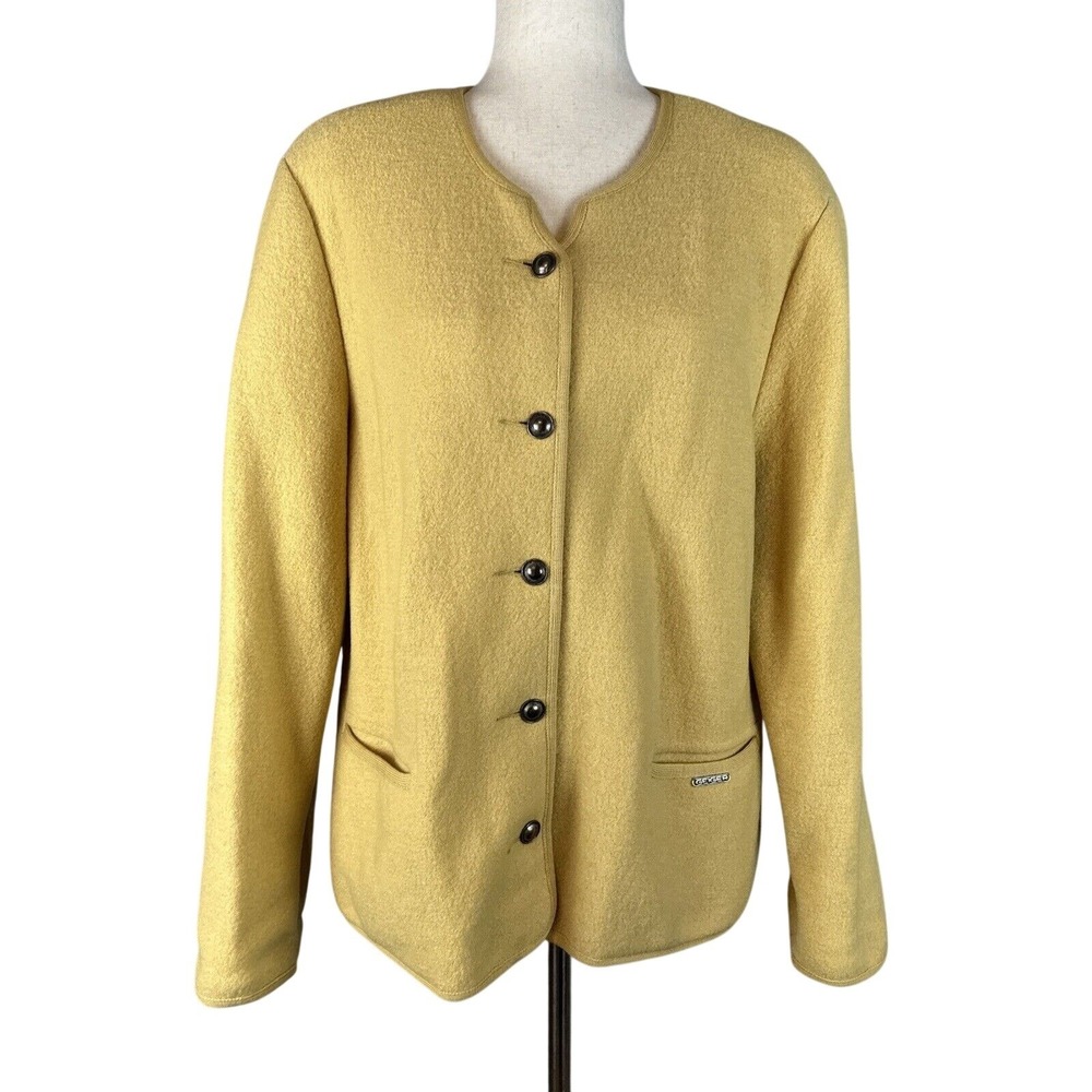 Geiger Austria Womens Boiled Wool Sweater Jacket Size 44 L/XL Gold Yellow Pocket